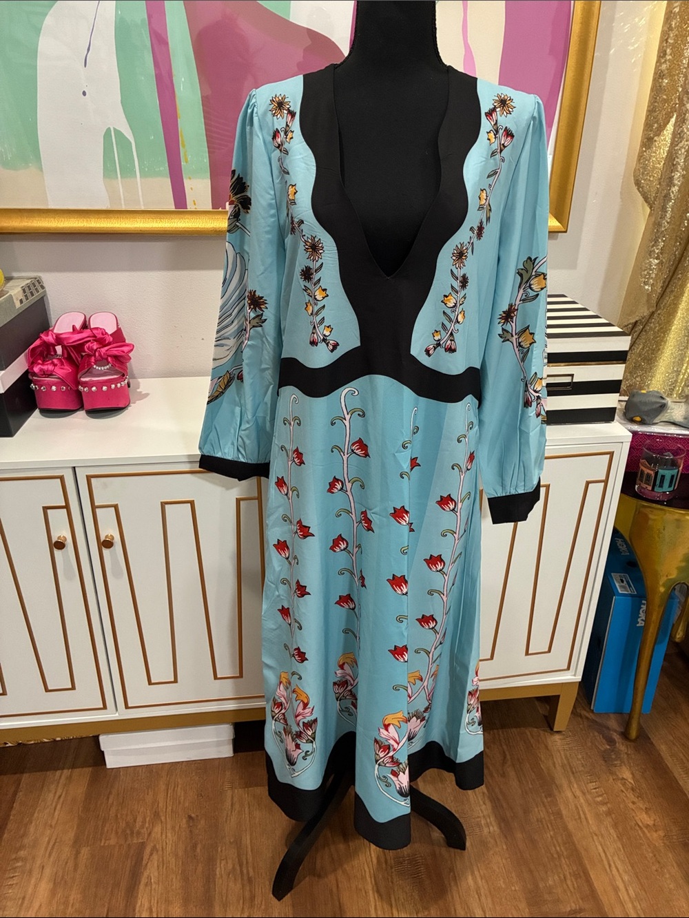 Light Blue Floral V-Neck Maxi Dress with Black Trim